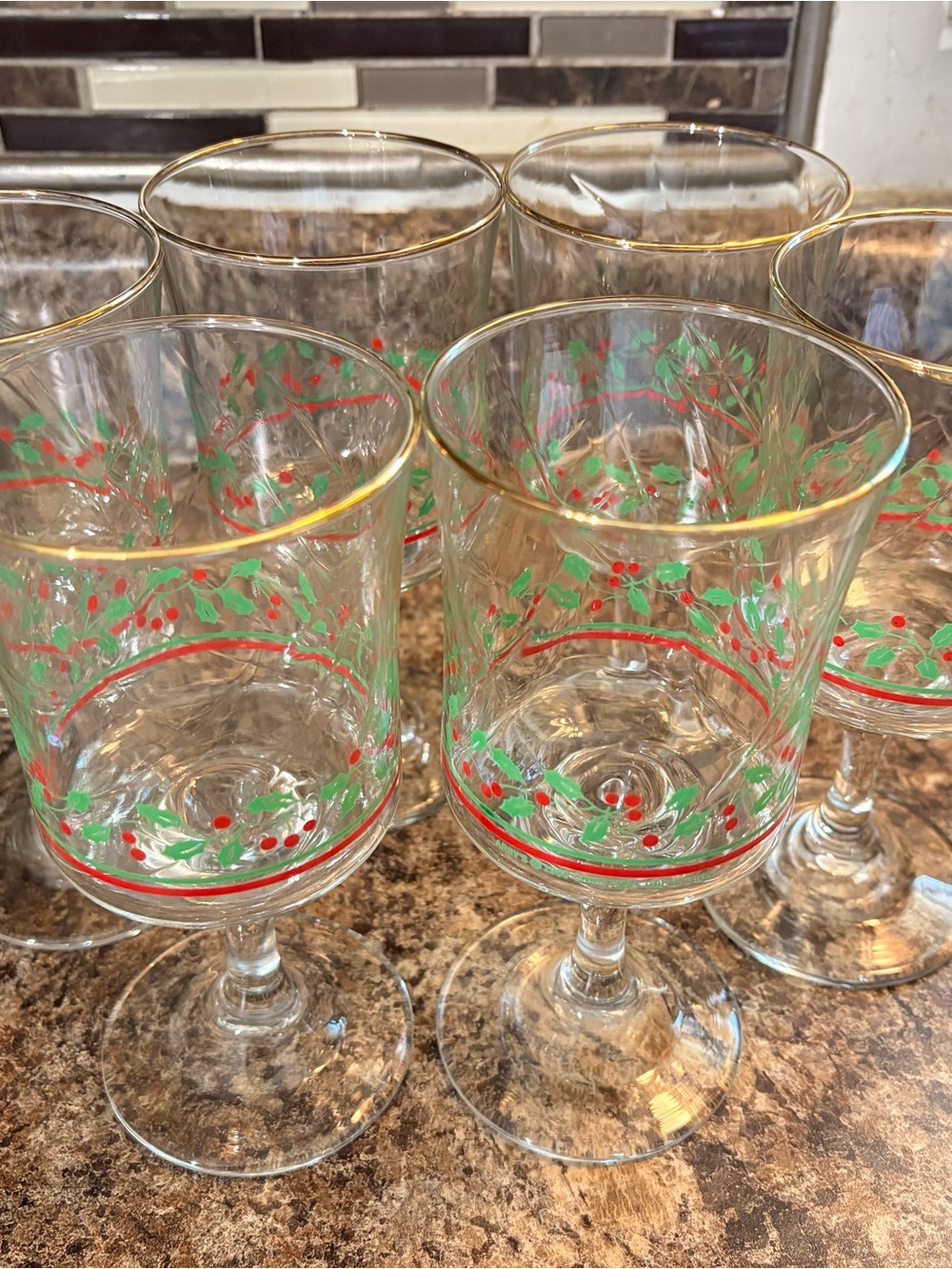 Vintage Holiday Glass Goblets with Holly Motif